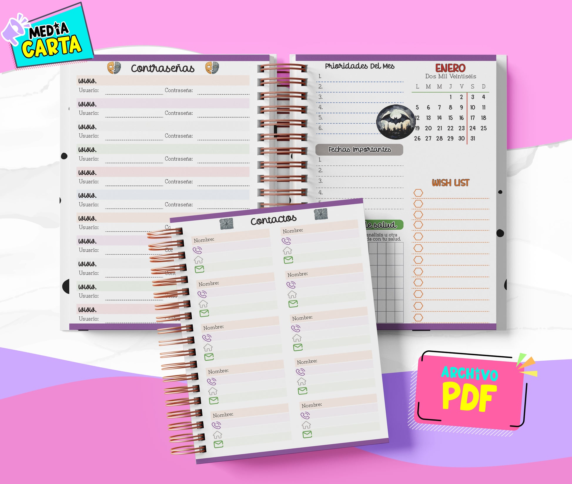 Agenda Diaria 2026 de Batman (PDF no editable) – Día por Página – Media Carta 14×21.5 cm – Español