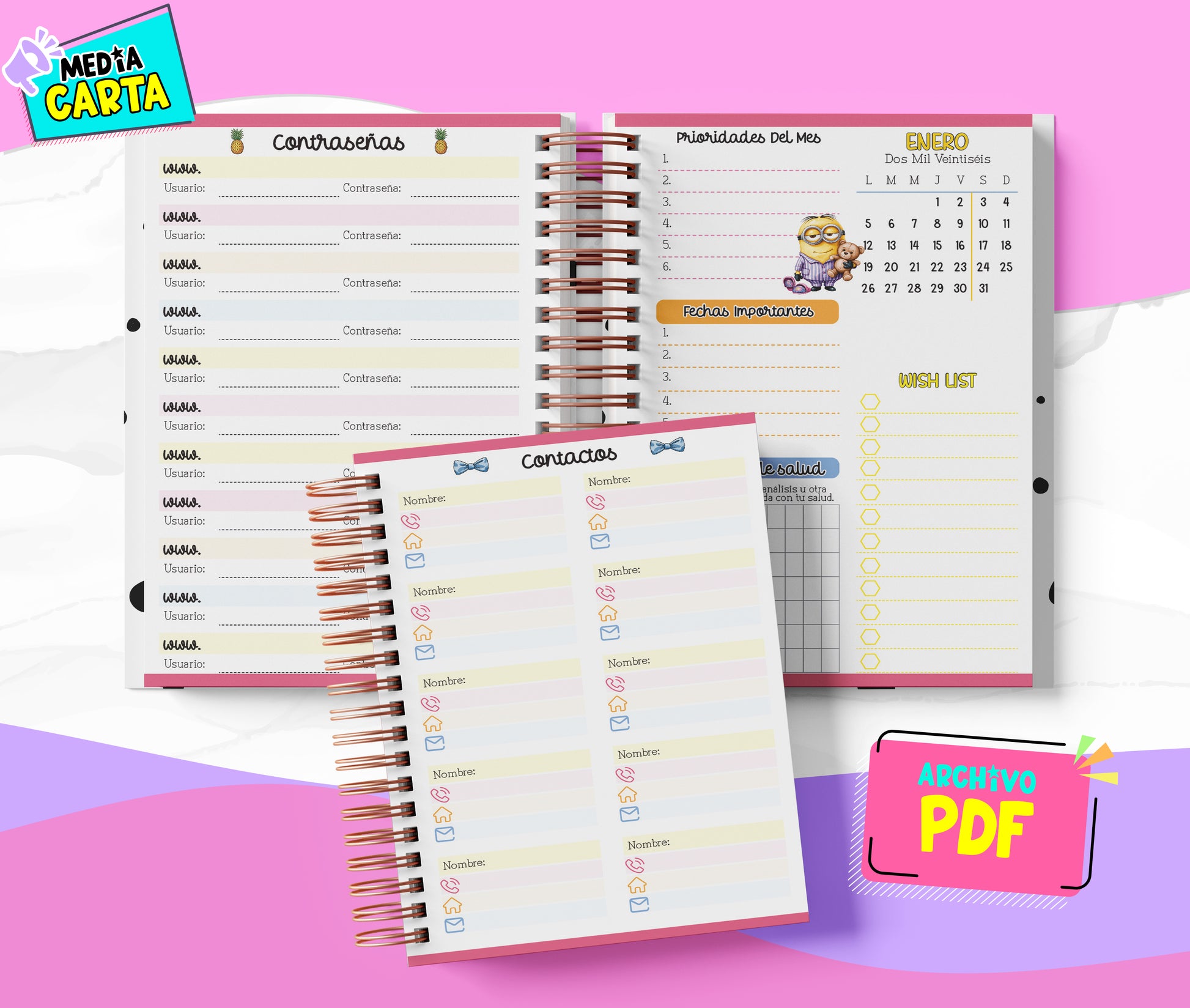 Agenda Diaria 2026 de Minions (PDF no editable) – Día por Página – Media Carta 14×21.5 cm – Español