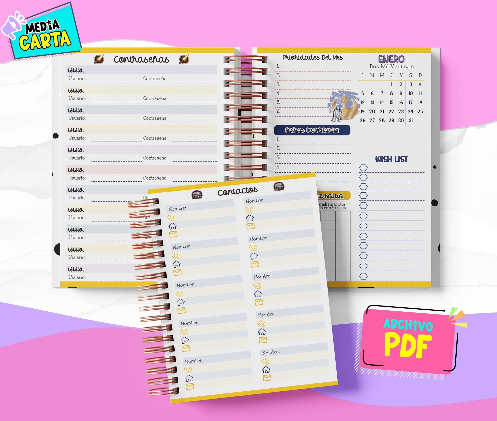 Agenda Diaria 2026 de Starwars (PDF no editable) – Día por Página – Media Carta 14×21.5 cm – Español