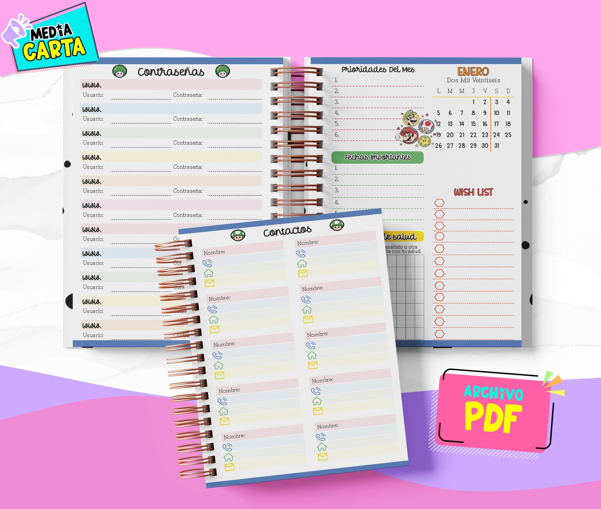 Agenda Diaria 2026 de Mario Bross (PDF no editable) – Día por Página – Media Carta 14×21.5 cm – Español