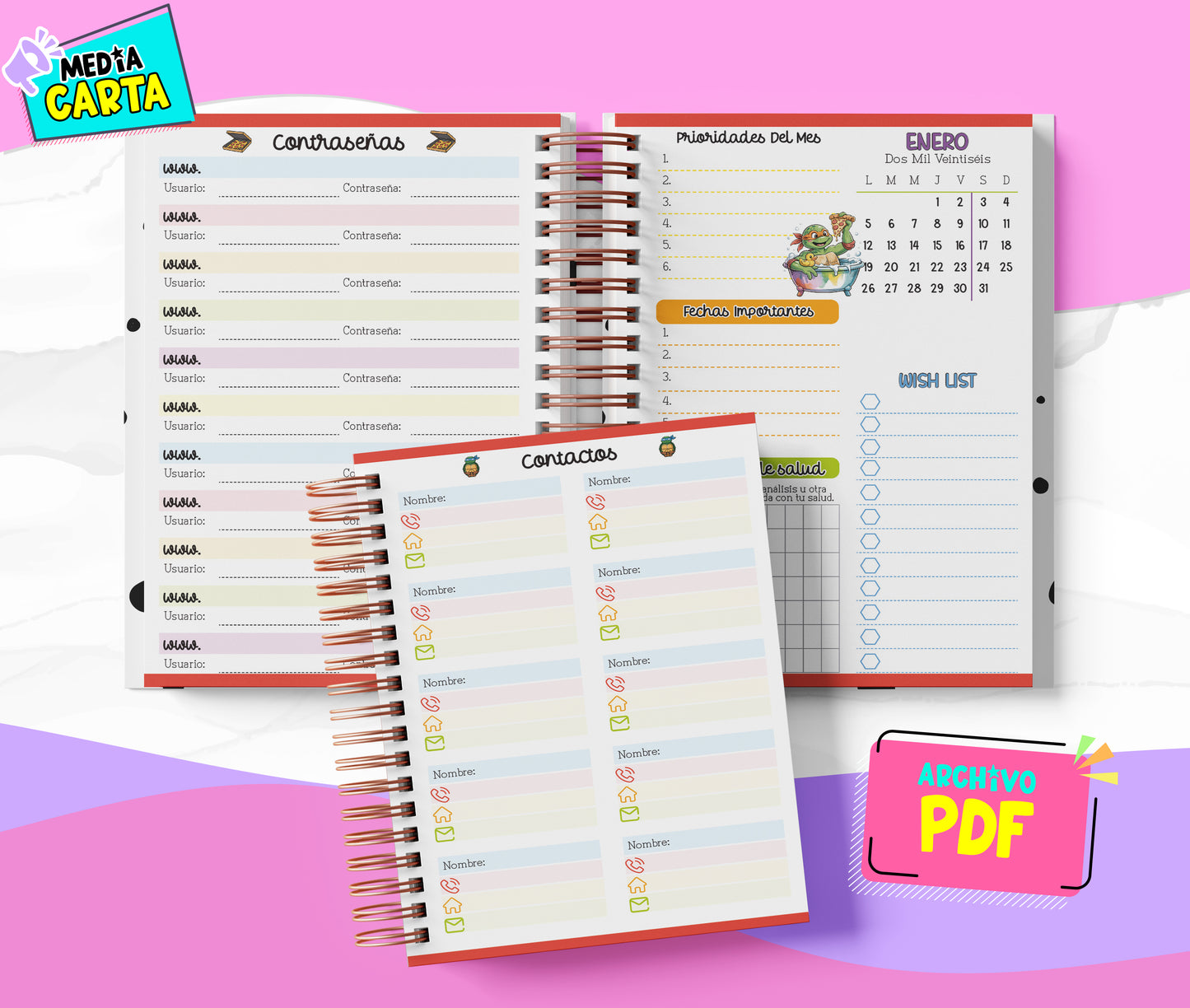 Agenda Diaria 2026 de Tortugas Ninja (PDF no editable) – Día por Página – Media Carta 14×21.5 cm – Español