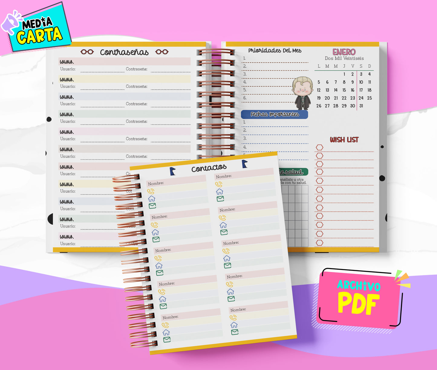 Agenda Diaria 2026 de Harry Potter (PDF no editable) – Día por Página – Media Carta 14×21.5 cm – Español