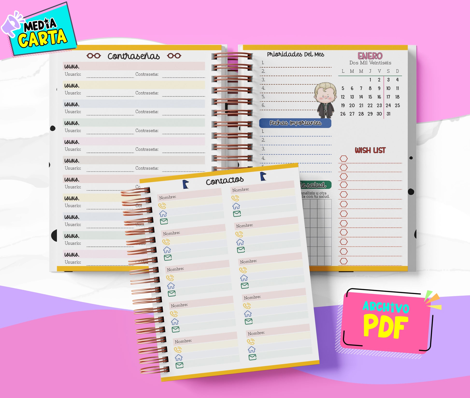 Agenda Diaria 2026 de Harry Potter (PDF no editable) – Día por Página – Media Carta 14×21.5 cm – Español