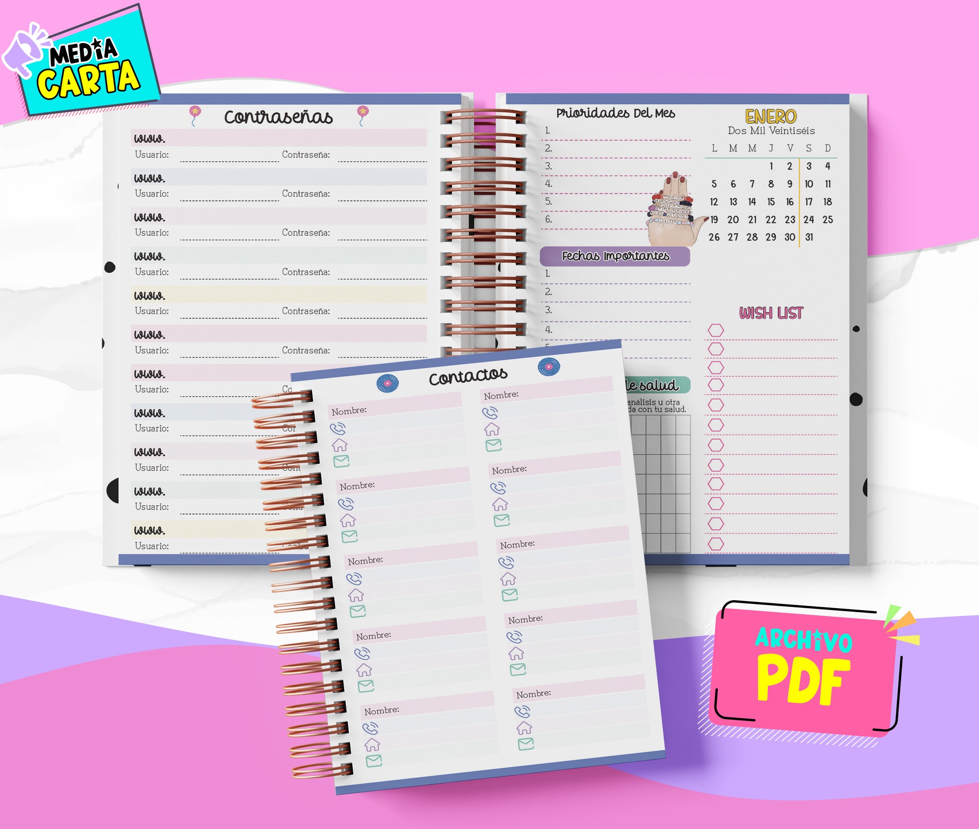 Agenda Diaria 2026 de Taylor Swift (PDF no editable) – Día por Página – Media Carta 14×21.5 cm – Español