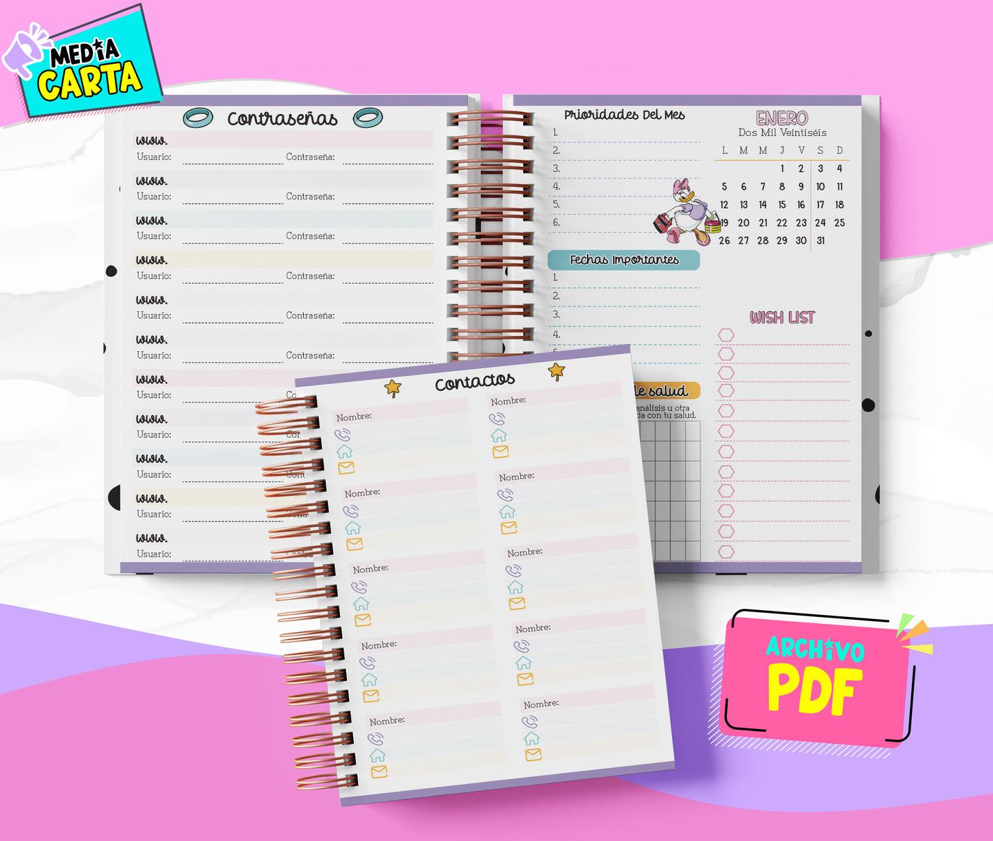 Agenda Diaria 2026 de Daisy Duck (PDF no editable) – Día por Página – Media Carta 14×21.5 cm – Español