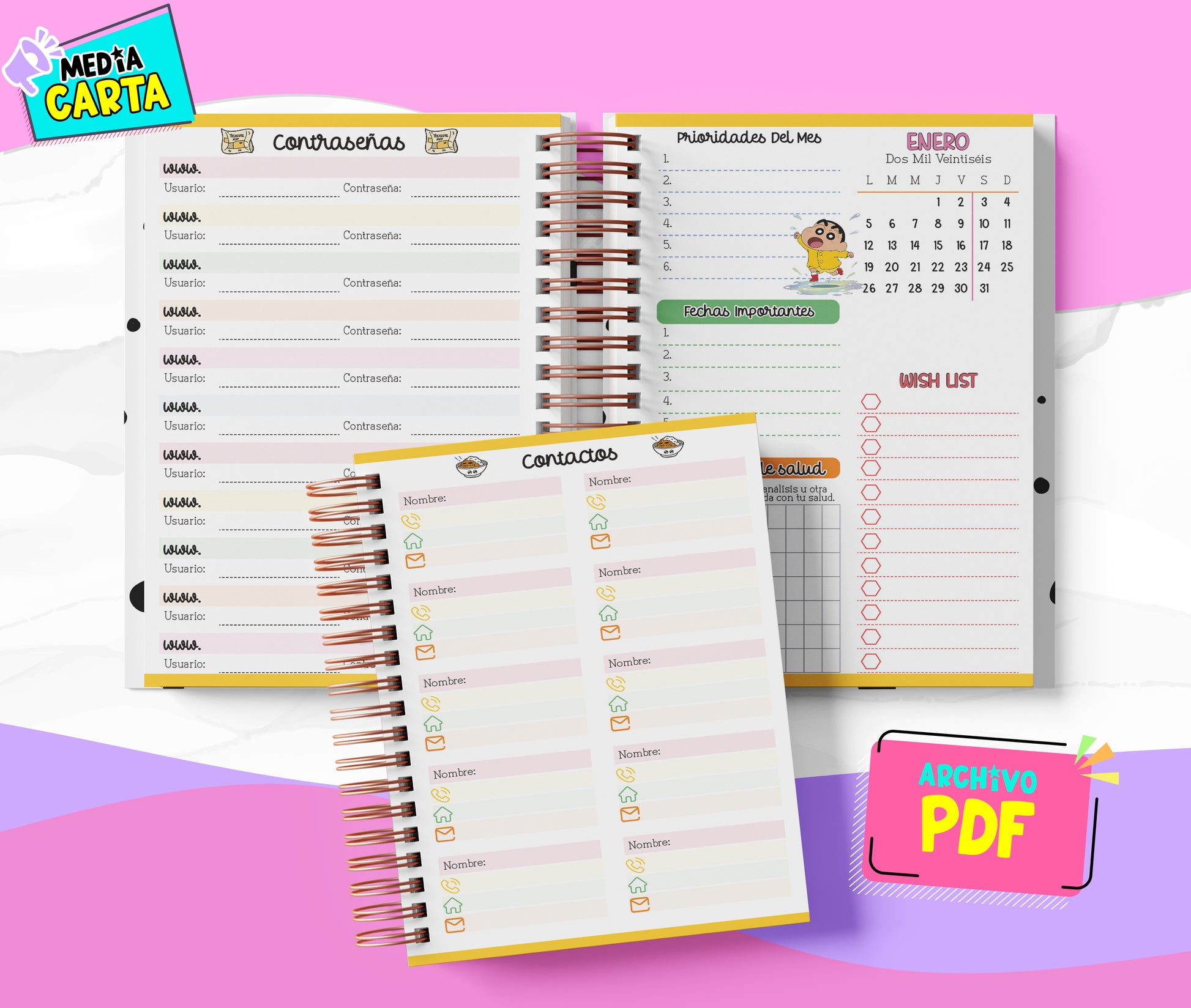 Agenda Diaria 2026 de Crayon Shin Chan (PDF no editable) – Día por Página – Media Carta 14×21.5 cm – Español