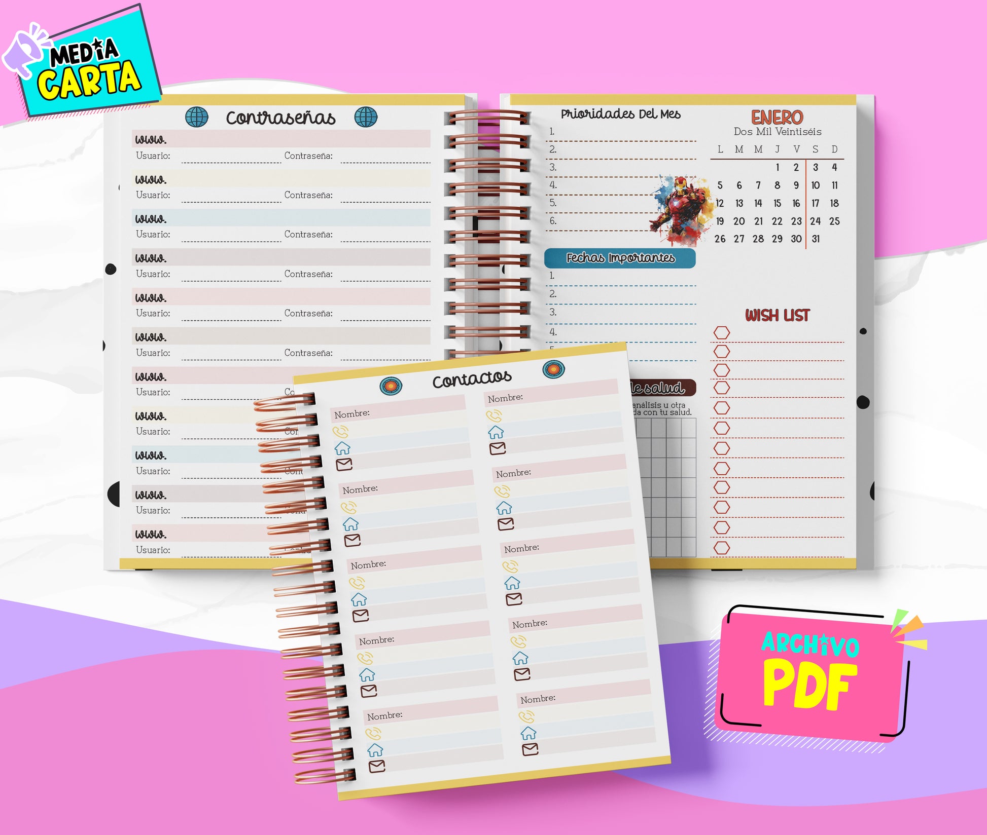 Agenda Diaria 2026 de Ironman (PDF no editable) – Día por Página – Media Carta 14×21.5 cm – Español