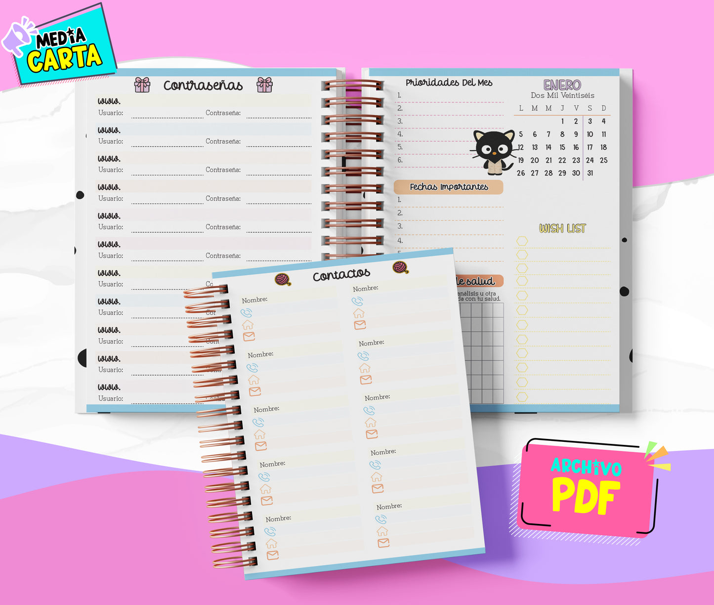 Agenda Diaria 2026 de Chococat (PDF no editable) – Día por Página – Media Carta 14×21.5 cm – Español