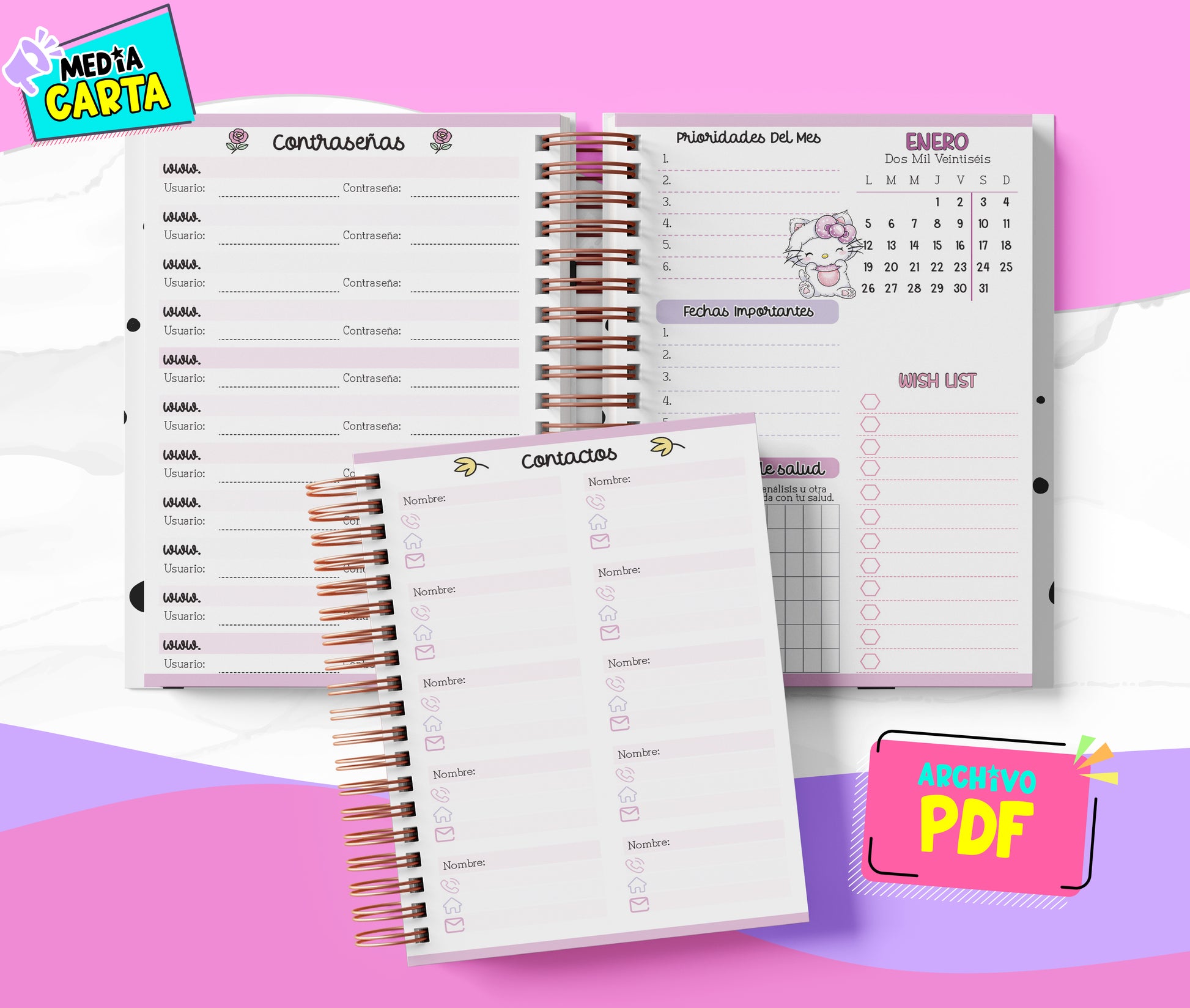 Agenda Diaria 2026 de Charmmy Kitty (PDF no editable) – Día por Página – Media Carta 14×21.5 cm – Español