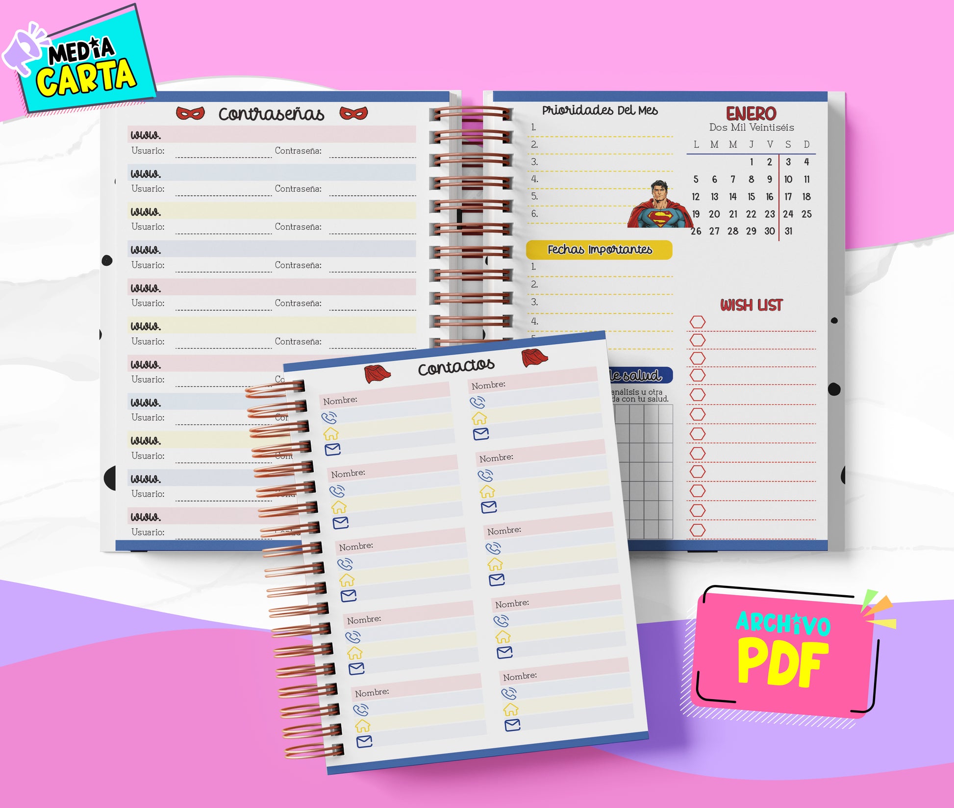 Agenda Diaria 2026 de Superman (PDF no editable) – Día por Página – Media Carta 14×21.5 cm – Español