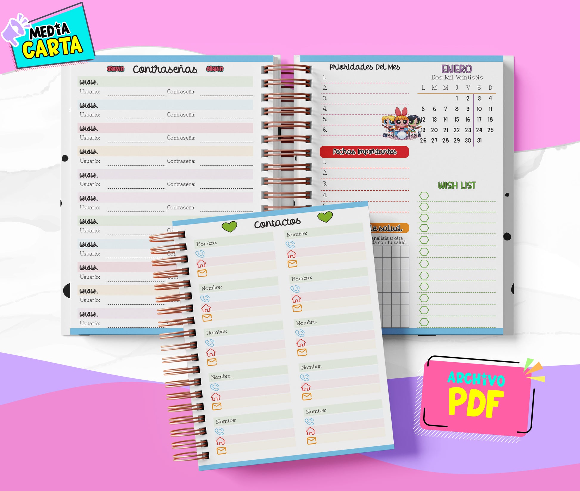 Agenda Diaria 2026 de Chicas Super Poderosas (PDF no editable) – Día por Página – Media Carta 14×21.5 cm – Español