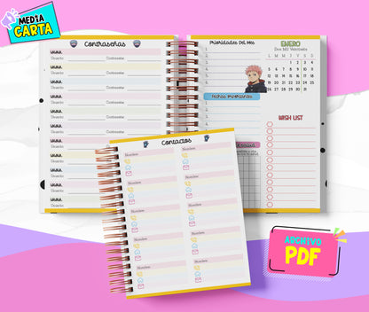 Agenda Diaria 2026 de Jujutsu Kaisen (PDF no editable) – Día por Página – Media Carta 14×21.5 cm – Español