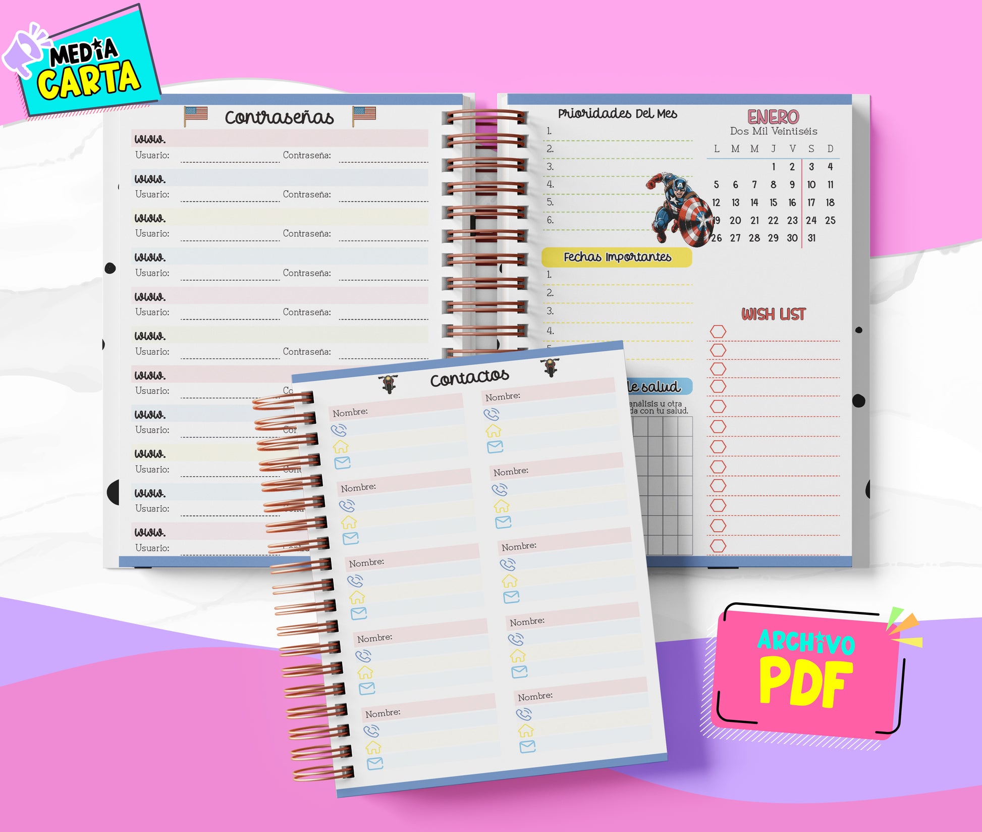 Agenda Diaria 2026 de Capitan America (PDF no editable) – Día por Página – Media Carta 14×21.5 cm – Español