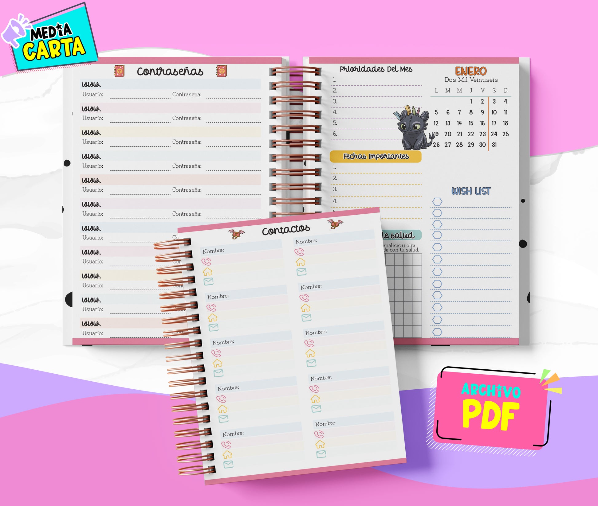 Agenda Diaria 2026 de Entrenar Dragon (PDF no editable) – Día por Página – Media Carta 14×21.5 cm – Español