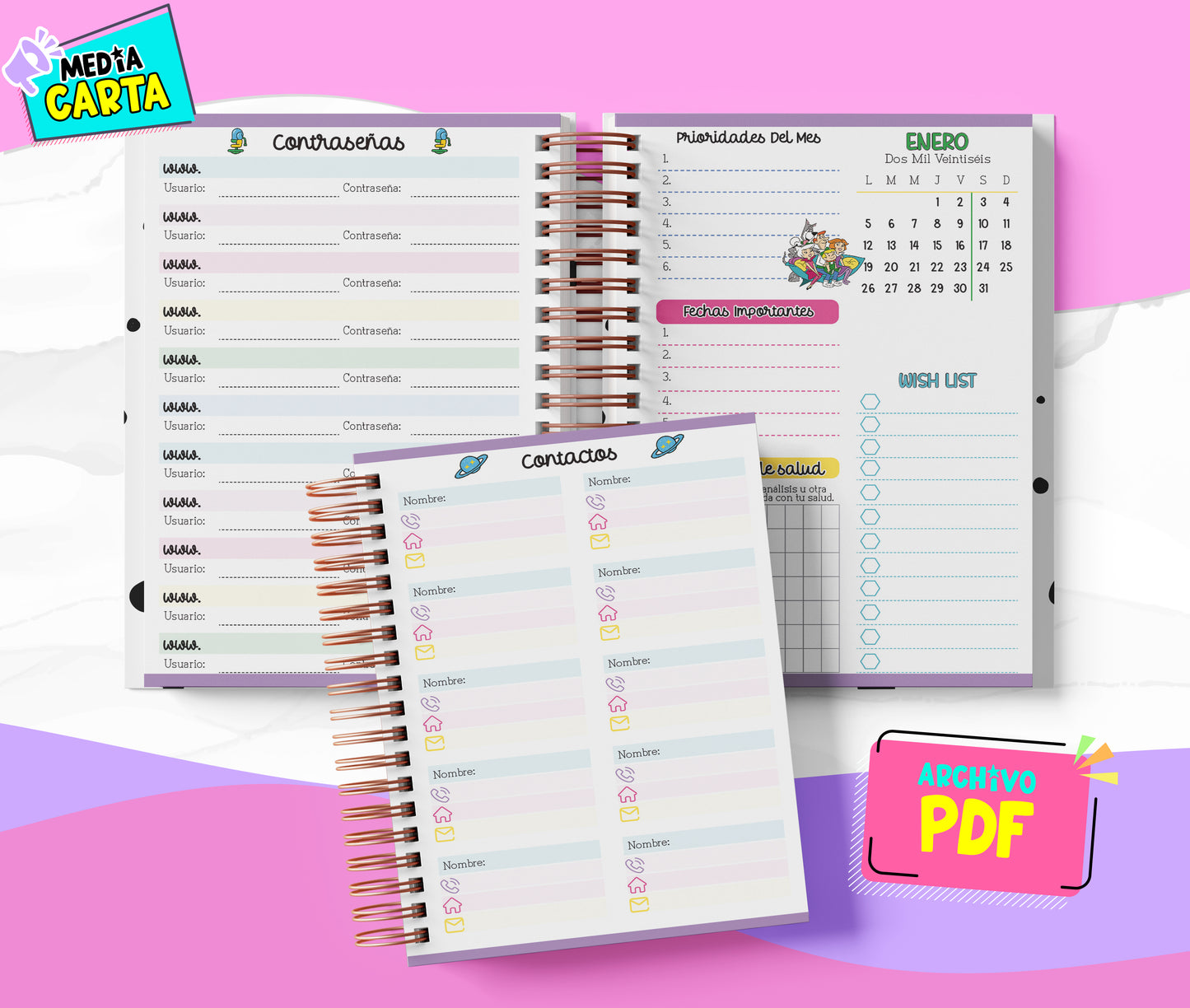 Agenda Diaria 2026 de Supersonicos (PDF no editable) – Día por Página – Media Carta 14×21.5 cm – Español