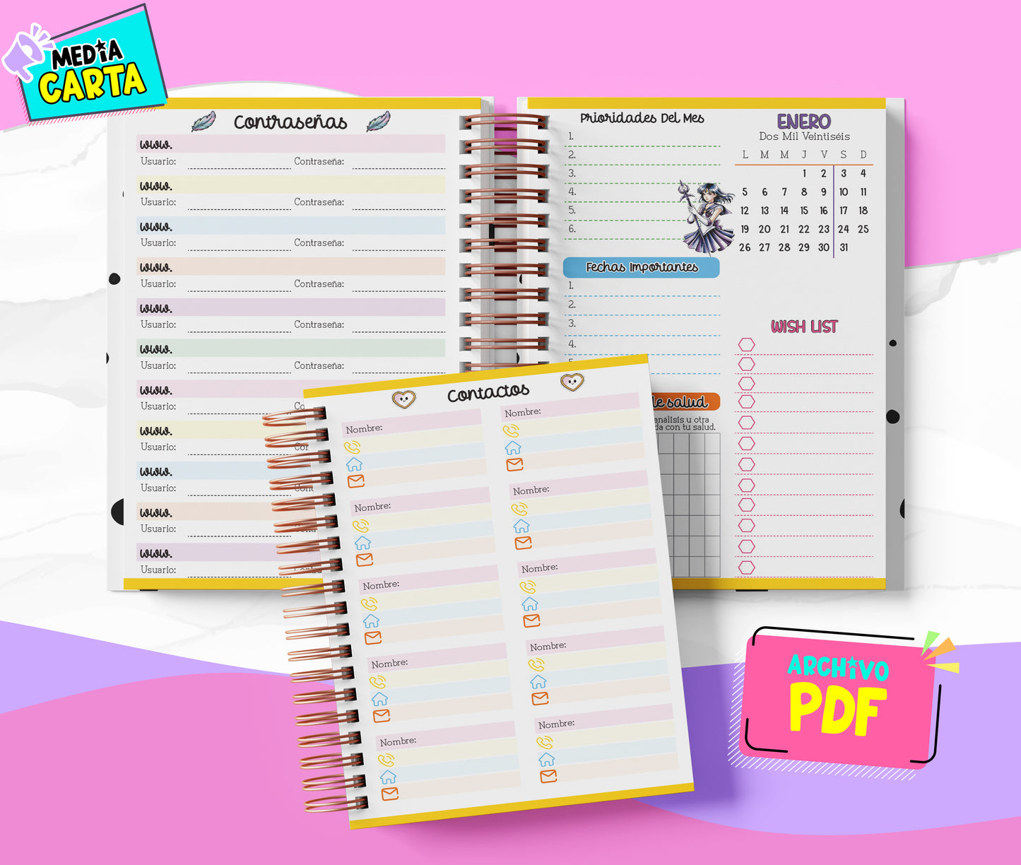 Agenda Diaria 2026 de Sailor Moon (PDF no editable) – Día por Página – Media Carta 14×21.5 cm – Español