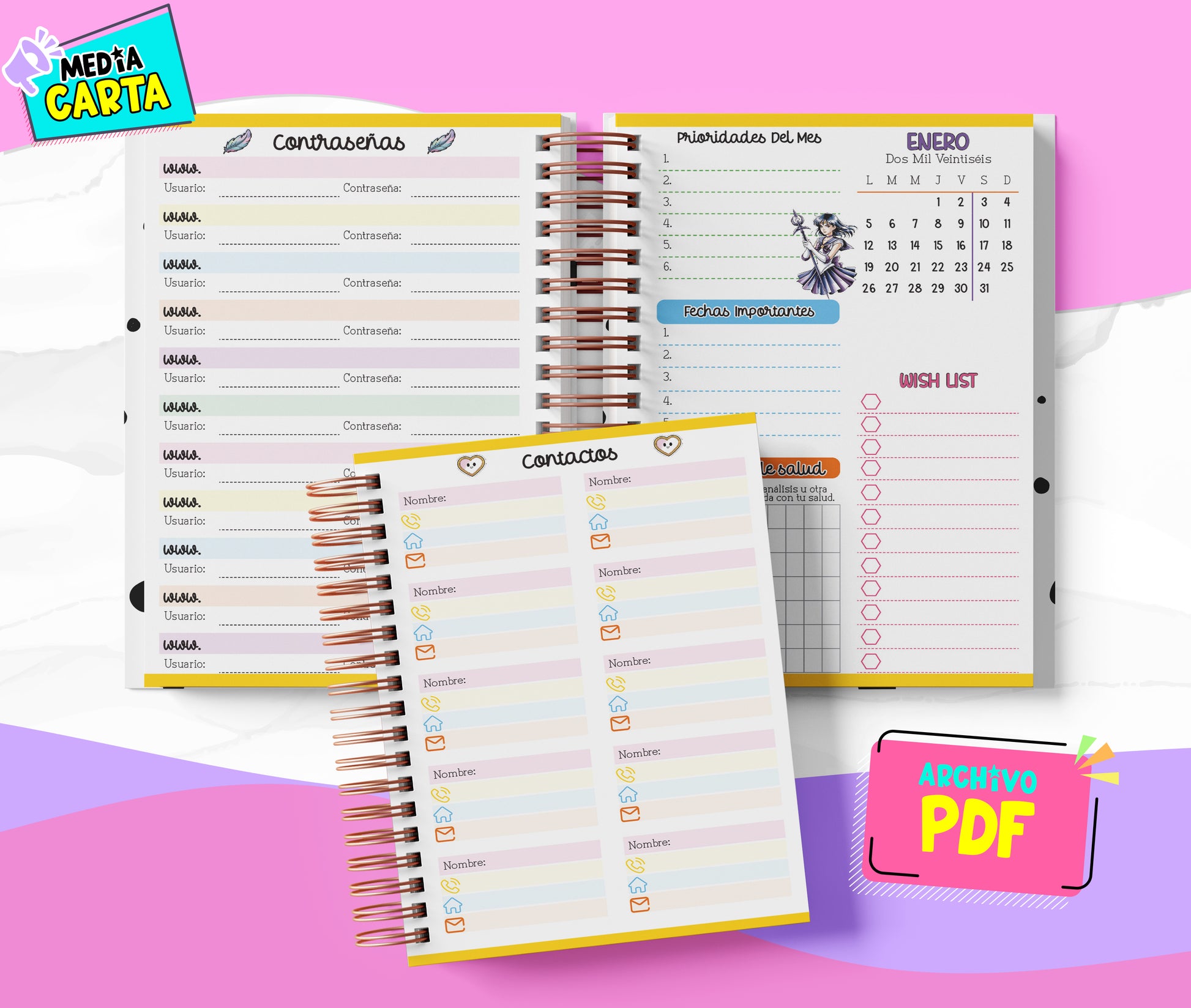 Agenda Diaria 2026 de Sailor Moon (PDF no editable) – Día por Página – Media Carta 14×21.5 cm – Español