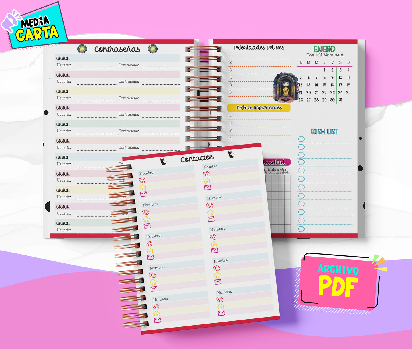 Agenda Diaria 2026 de Coraline (PDF no editable) – Día por Página – Media Carta 14×21.5 cm – Español