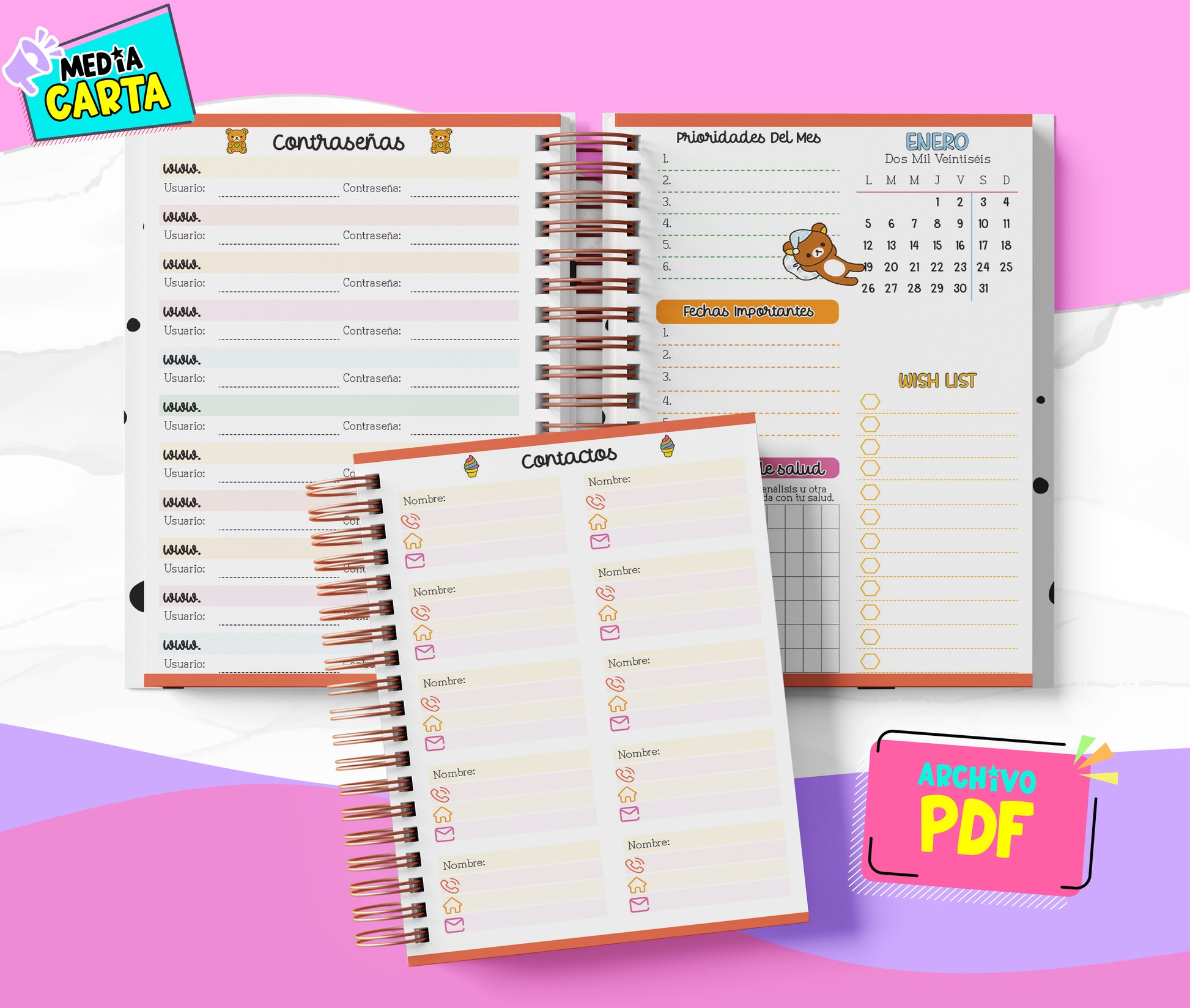 Agenda Diaria 2026 de Rilakkuma (PDF no editable) – Día por Página – Media Carta 14×21.5 cm – Español