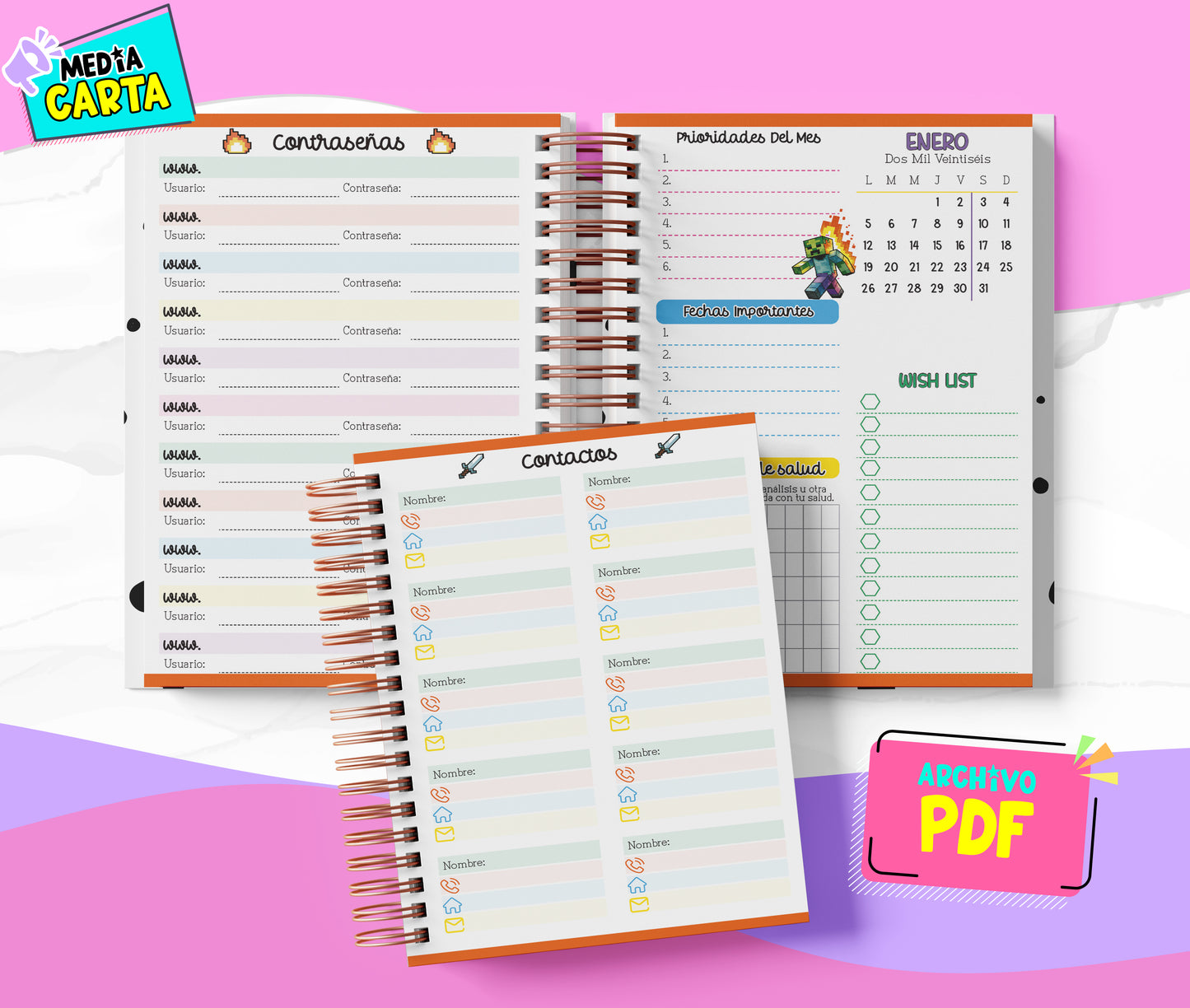 Agenda Diaria 2026 de Minecraft (PDF no editable) – Día por Página – Media Carta 14×21.5 cm – Español