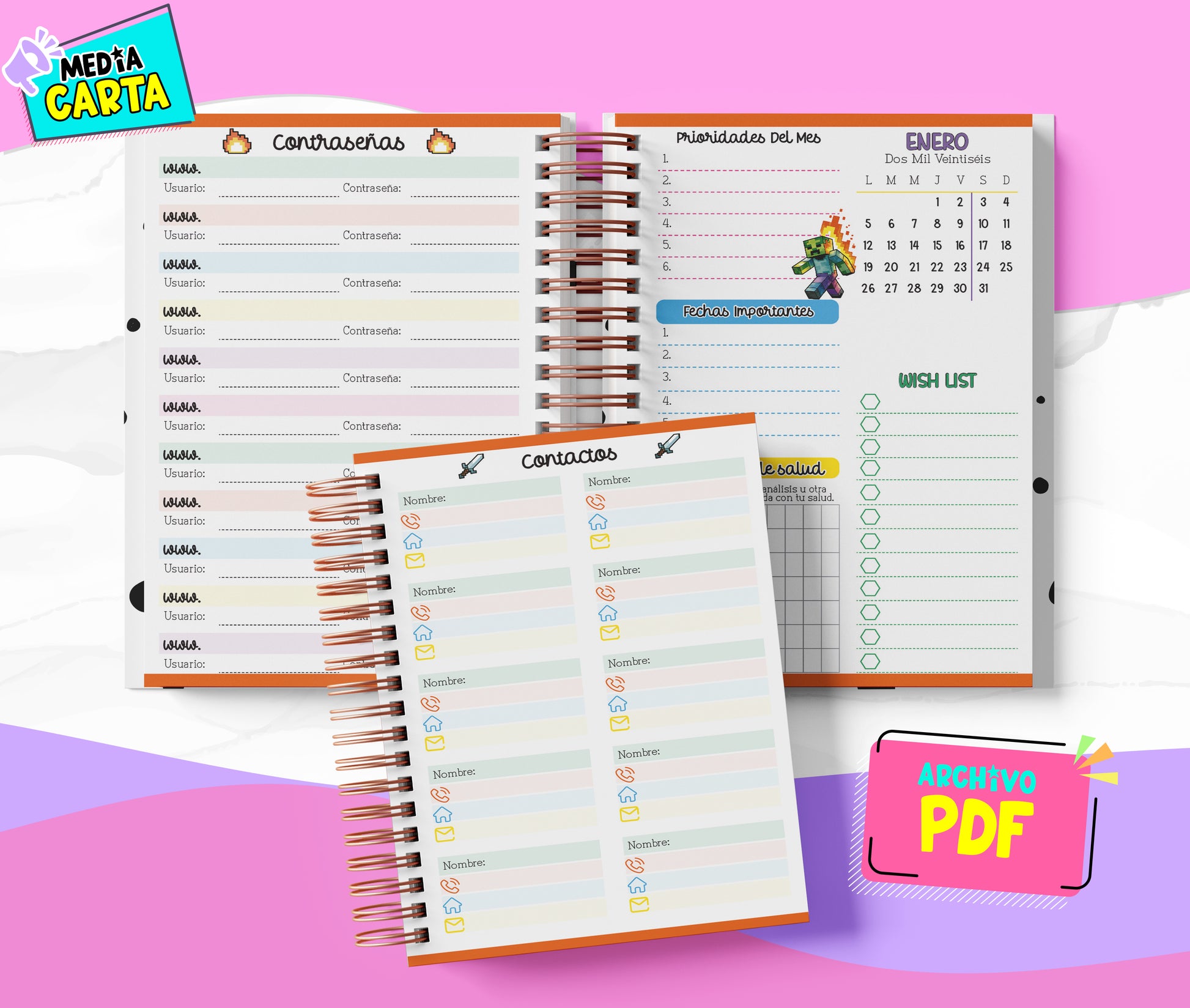 Agenda Diaria 2026 de Minecraft (PDF no editable) – Día por Página – Media Carta 14×21.5 cm – Español