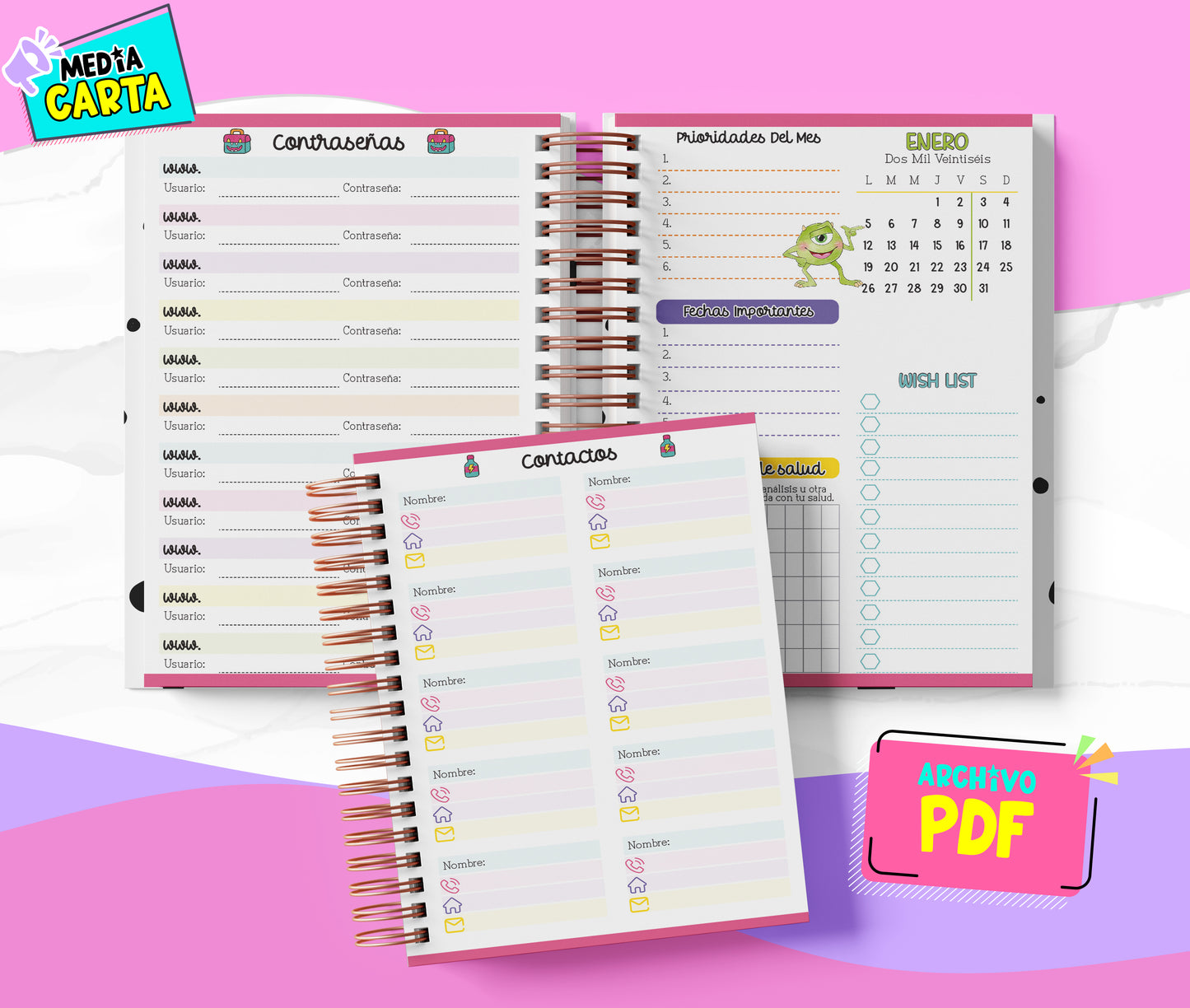 Agenda Diaria 2026 de Monsters Inc (PDF no editable) – Día por Página – Media Carta 14×21.5 cm – Español