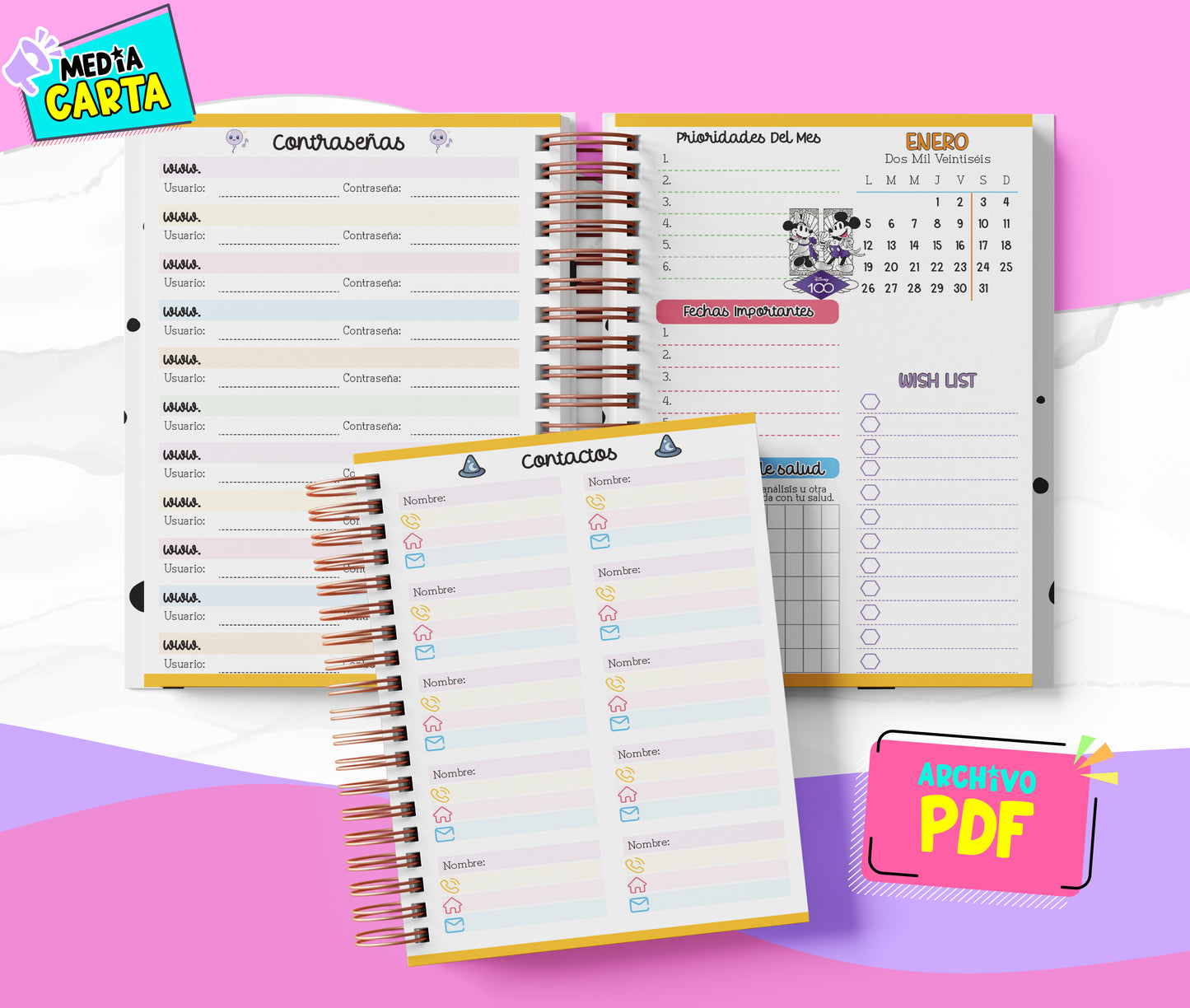 Agenda Diaria 2026 de Disney 100 (PDF no editable) – Día por Página – Media Carta 14×21.5 cm – Español