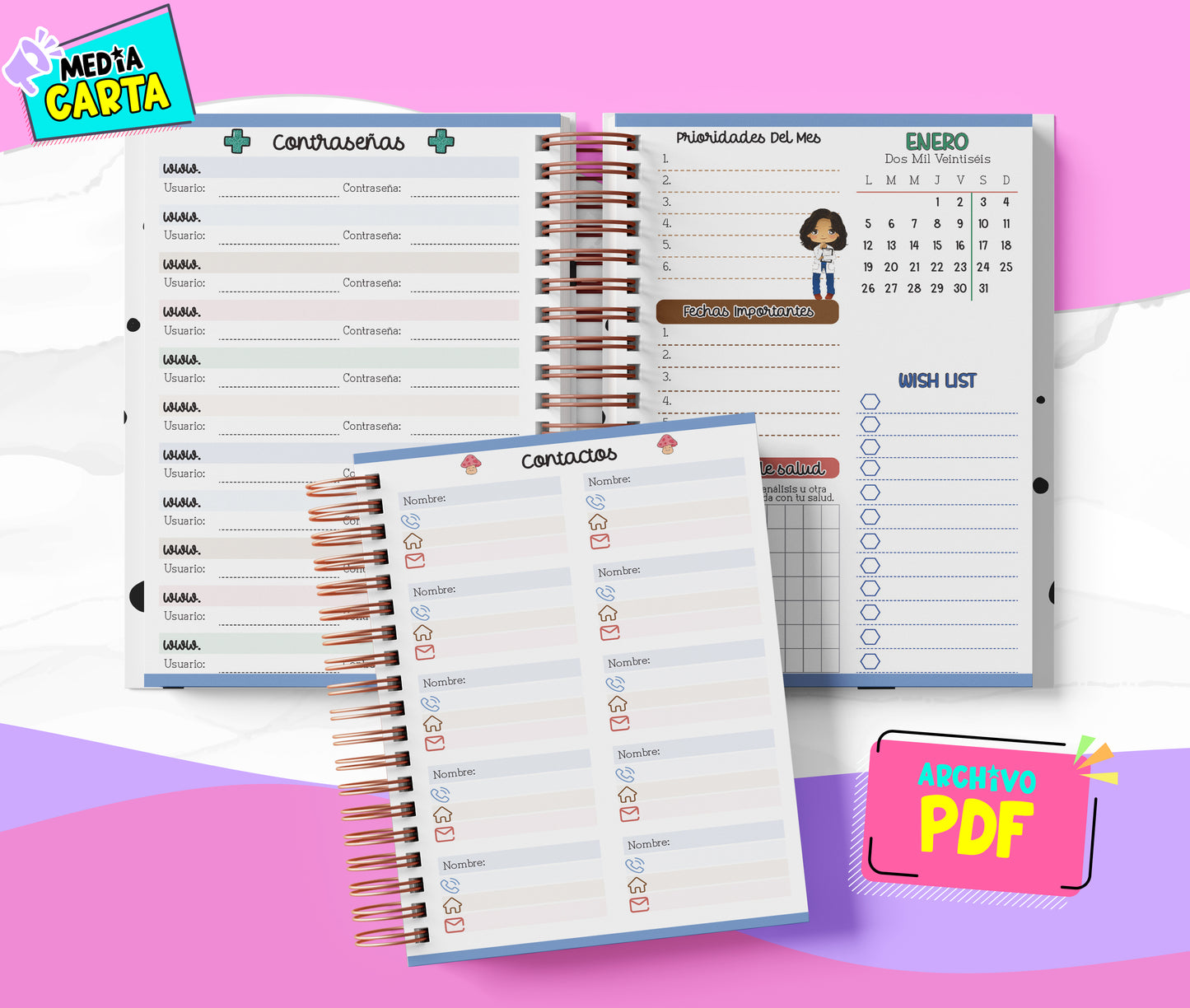 Agenda Diaria 2026 de Greys (PDF no editable) – Día por Página – Media Carta 14×21.5 cm – Español