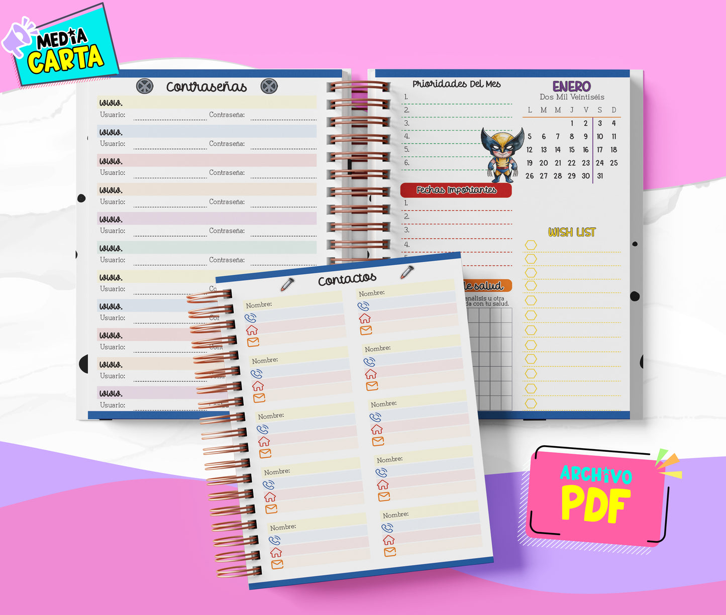 Agenda Diaria 2026 de Wolverine (PDF no editable) – Día por Página – Media Carta 14×21.5 cm – Español