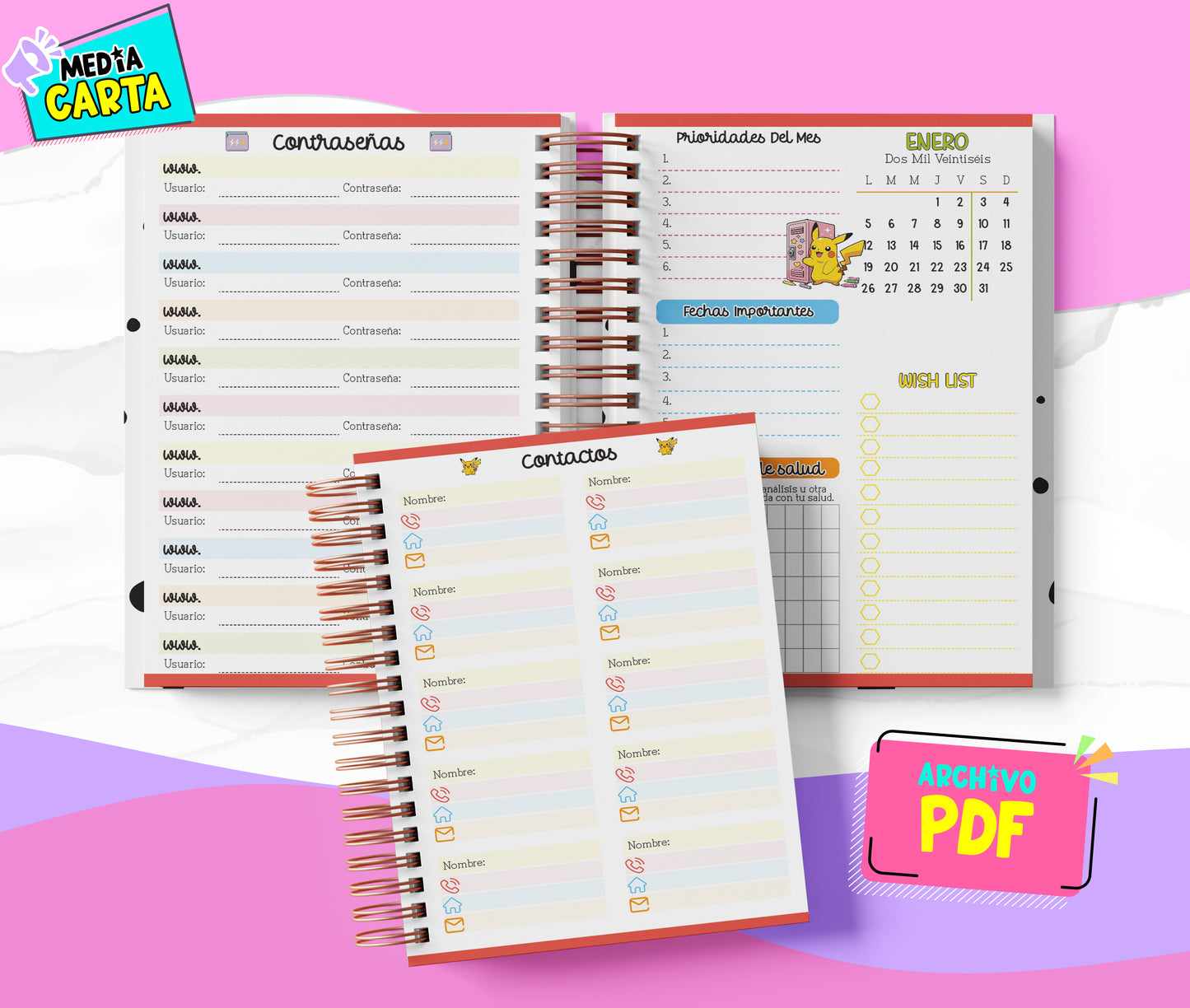 Agenda Diaria 2026 de Pokemon (PDF no editable) – Día por Página – Media Carta 14×21.5 cm – Español