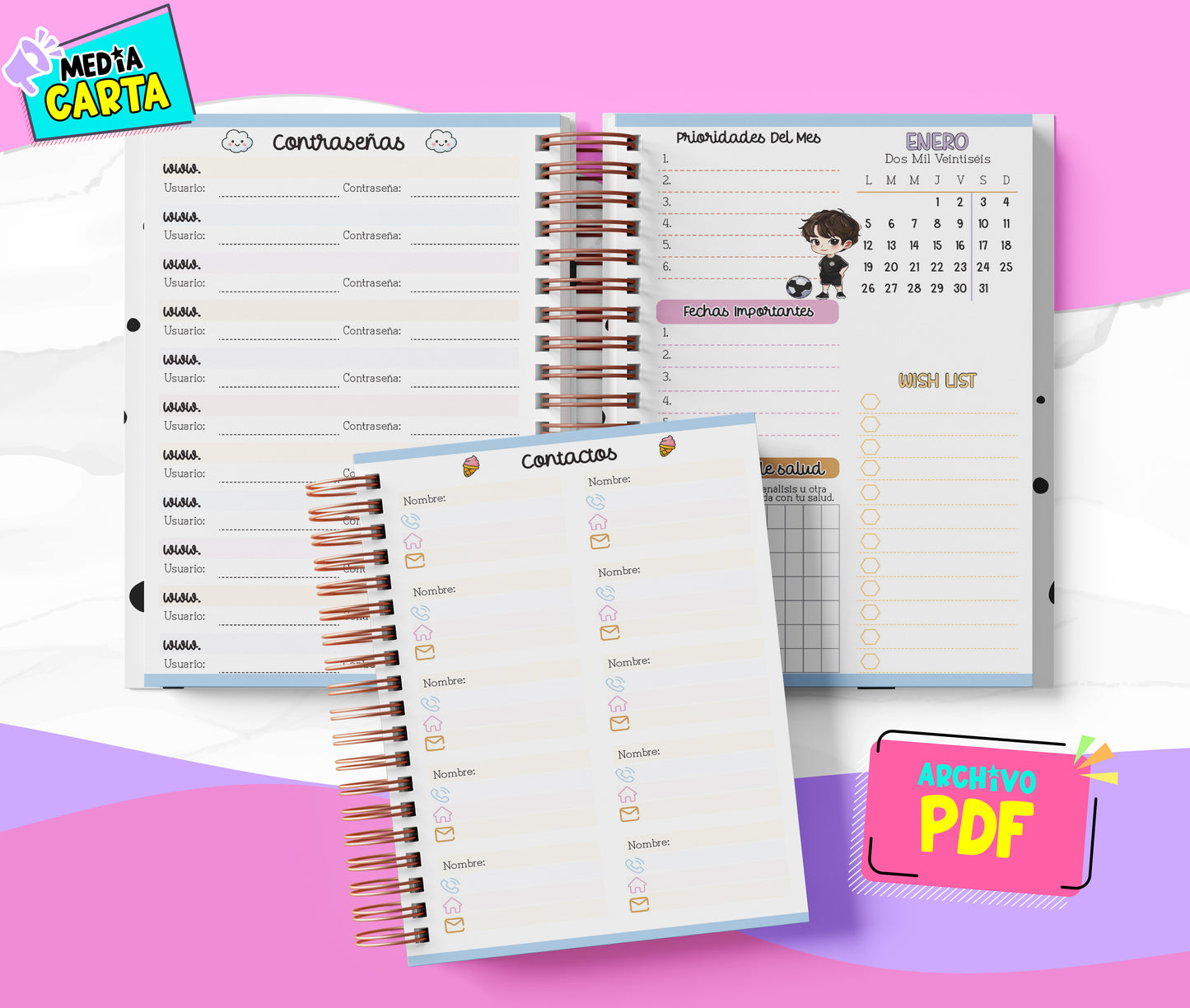 Agenda Diaria 2026 de Bts (PDF no editable) – Día por Página – Media Carta 14×21.5 cm – Español