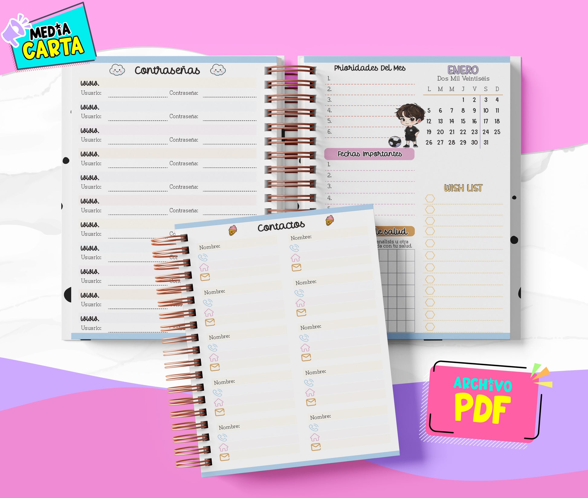 Agenda Diaria 2026 de Bts (PDF no editable) – Día por Página – Media Carta 14×21.5 cm – Español