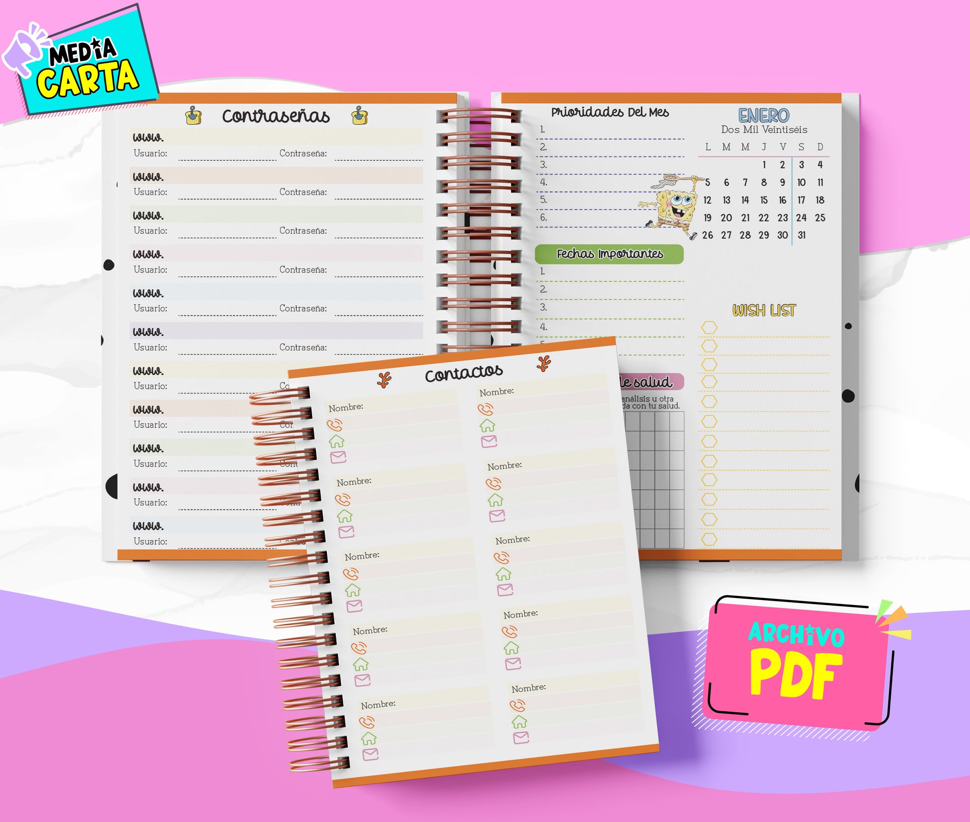 Agenda Diaria 2026 de Bob Esponja (PDF no editable) – Día por Página – Media Carta 14×21.5 cm – Español