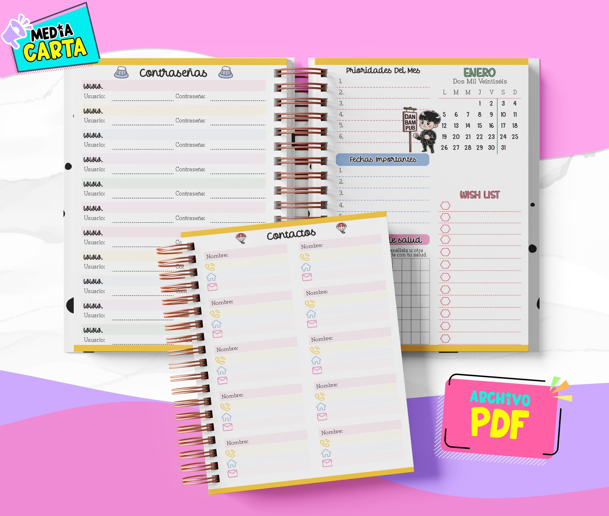 Agenda Diaria 2026 de Kdrama (PDF no editable) – Día por Página – Media Carta 14×21.5 cm – Español