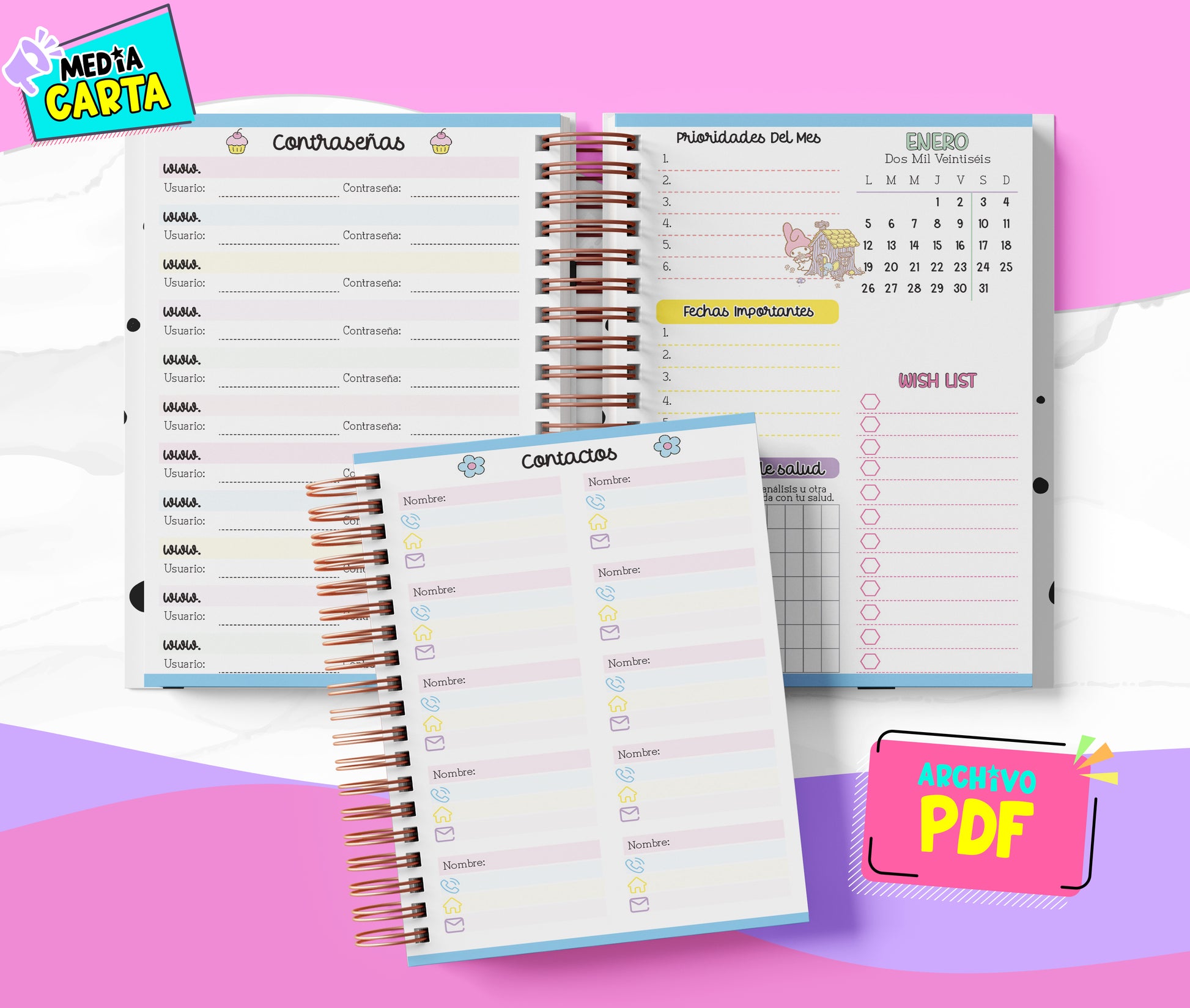 Agenda Diaria 2026 de My Melody (PDF no editable) – Día por Página – Media Carta 14×21.5 cm – Español