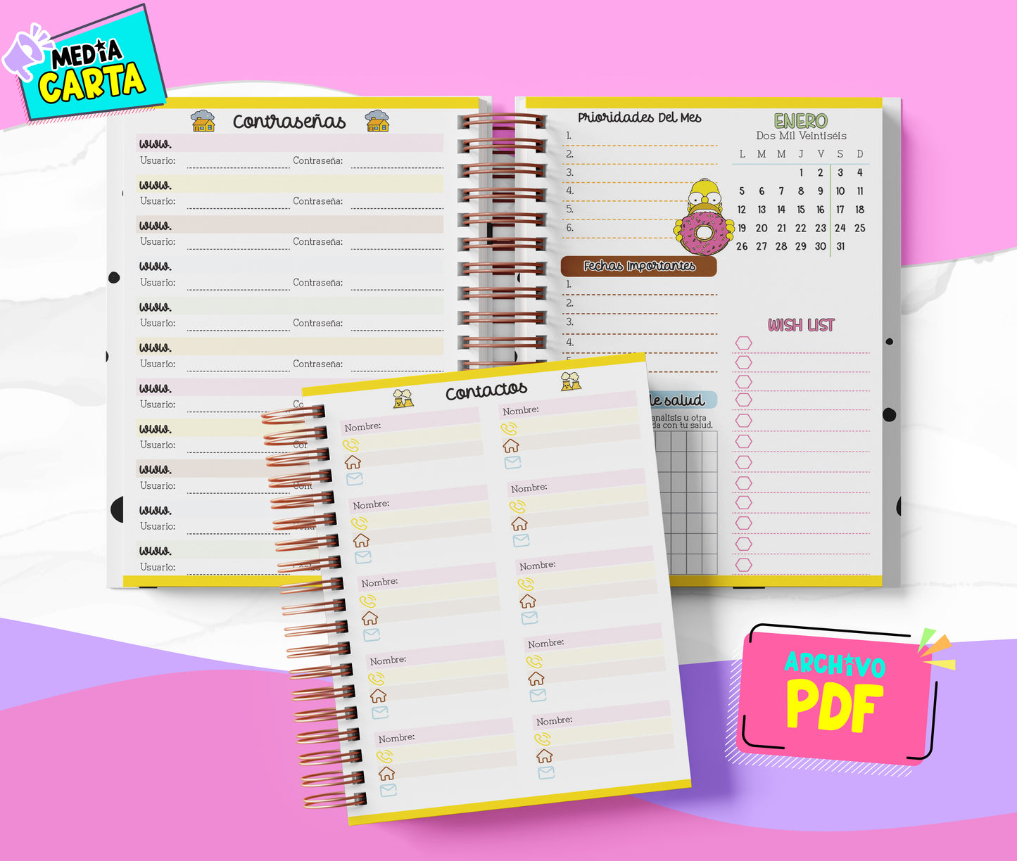 Agenda Diaria 2026 de Simpsons (PDF no editable) – Día por Página – Media Carta 14×21.5 cm – Español