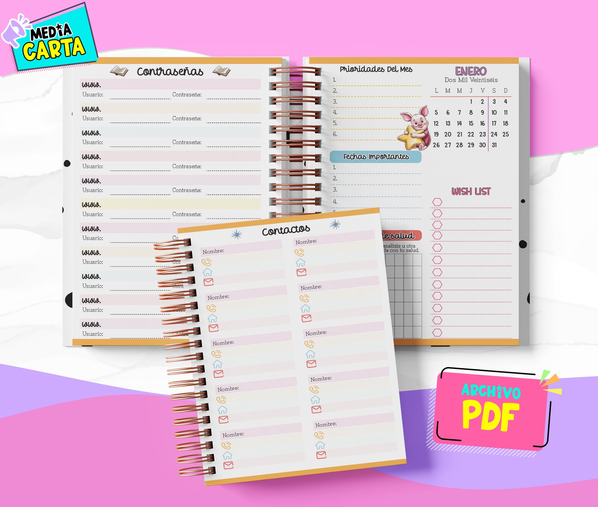 Agenda Diaria 2026 de Piglet (PDF no editable) – Día por Página – Media Carta 14×21.5 cm – Español