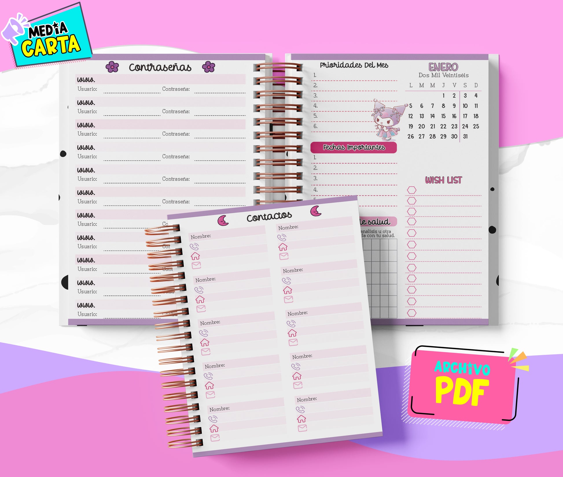 Agenda Diaria 2026 de Kuromi (PDF no editable) – Día por Página – Media Carta 14×21.5 cm – Español