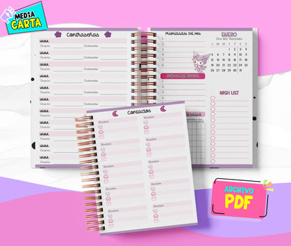 Agenda Diaria 2026 de Kuromi (PDF no editable) – Día por Página – Media Carta 14×21.5 cm – Español