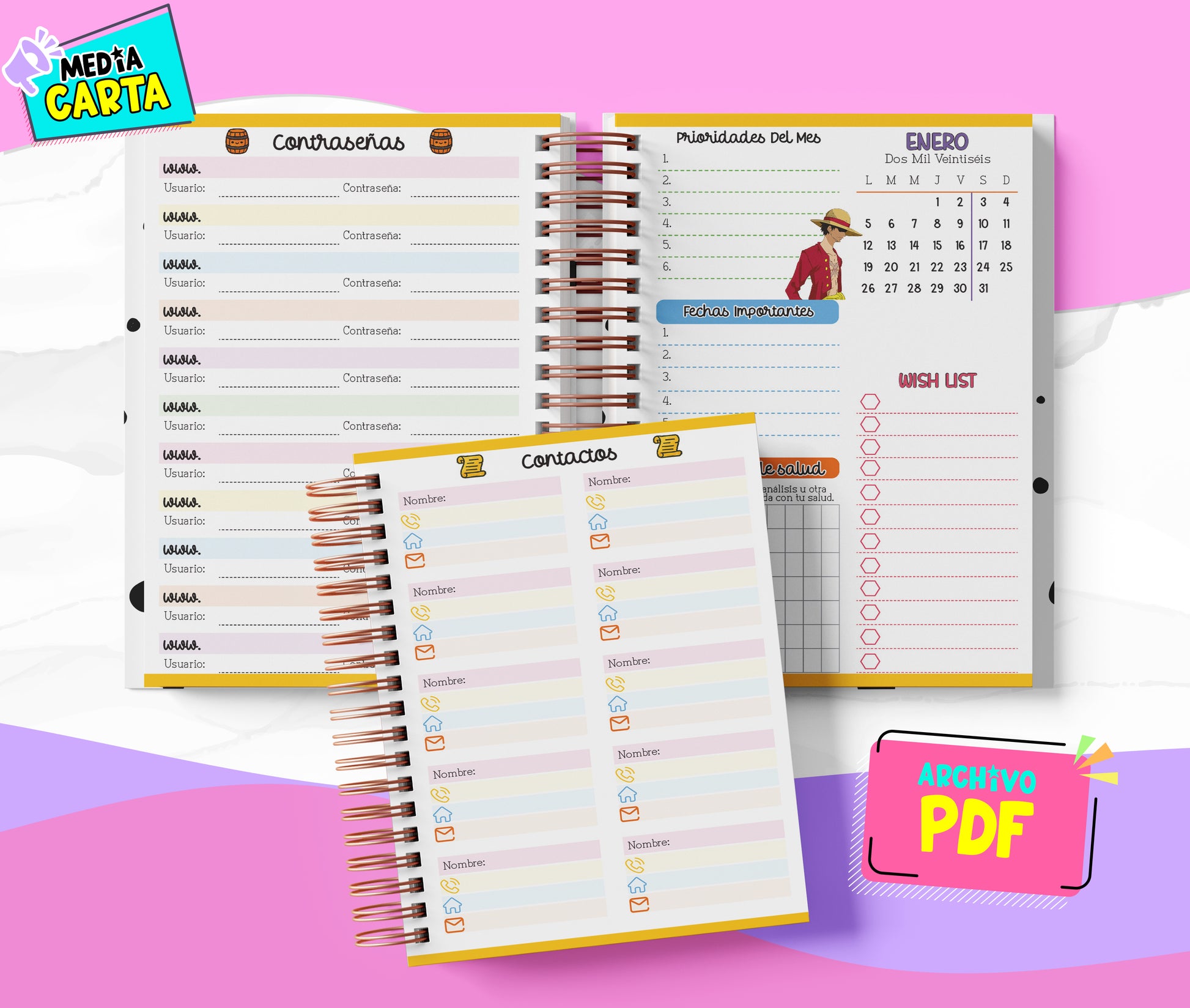 Agenda Diaria 2026 de One Piece (PDF no editable) – Día por Página – Media Carta 14×21.5 cm – Español