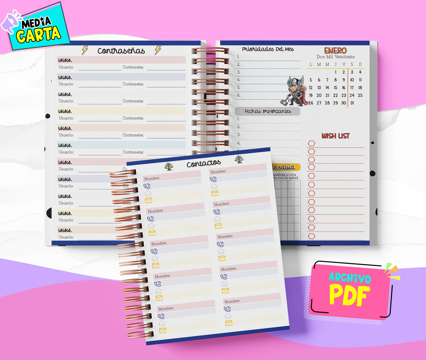 Agenda Diaria 2026 de Thor (PDF no editable) – Día por Página – Media Carta 14×21.5 cm – Español