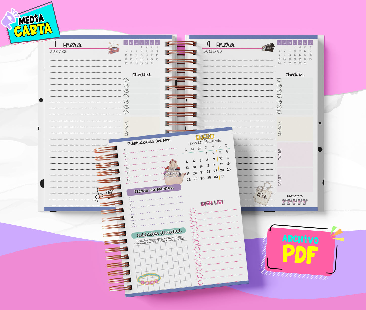 Agenda Diaria 2026 de Taylor Swift (PDF no editable) – Día por Página – Media Carta 14×21.5 cm – Español