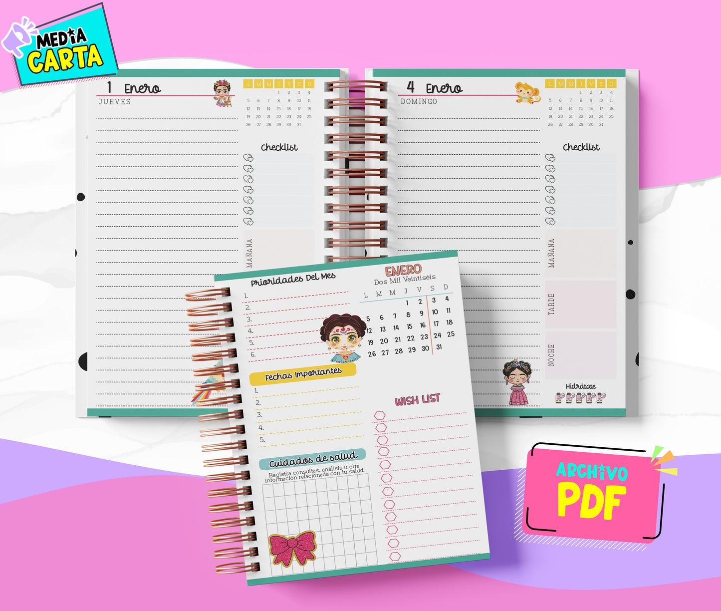 Agenda Diaria 2026 de Frida (PDF no editable) – Día por Página – Media Carta 14×21.5 cm – Español