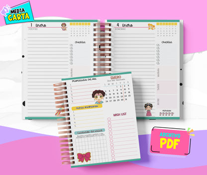 Agenda Diaria 2026 de Frida (PDF no editable) – Día por Página – Media Carta 14×21.5 cm – Español