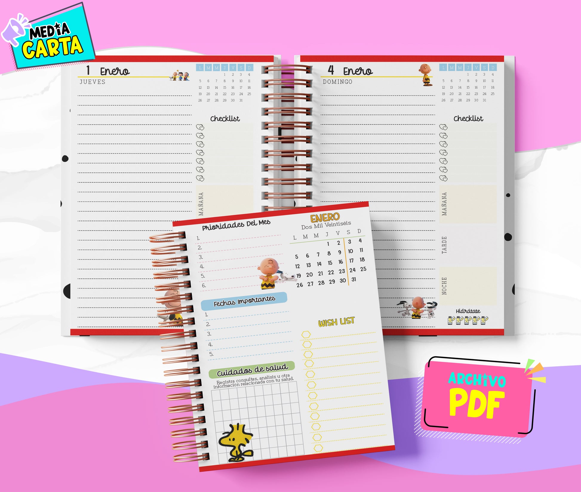 Agenda Diaria 2026 de Snoopy (PDF no editable) – Día por Página – Media Carta 14×21.5 cm – Español