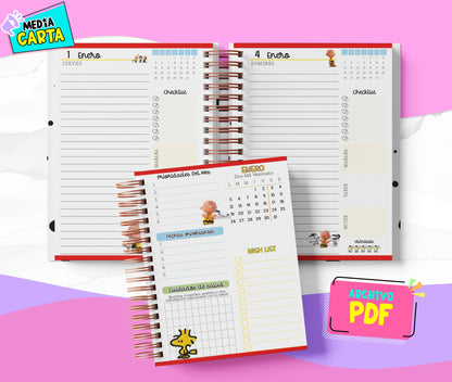 Agenda Diaria 2026 de Snoopy (PDF no editable) – Día por Página – Media Carta 14×21.5 cm – Español