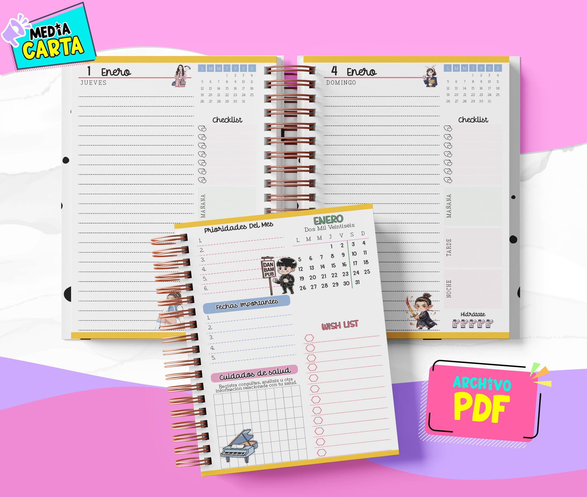 Agenda Diaria 2026 de Kdrama (PDF no editable) – Día por Página – Media Carta 14×21.5 cm – Español