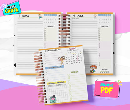 Agenda Diaria 2026 de Rugrats (PDF no editable) – Día por Página – Media Carta 14×21.5 cm – Español