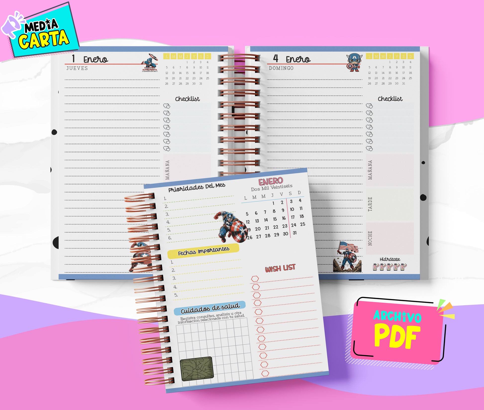 Agenda Diaria 2026 de Capitan America (PDF no editable) – Día por Página – Media Carta 14×21.5 cm – Español