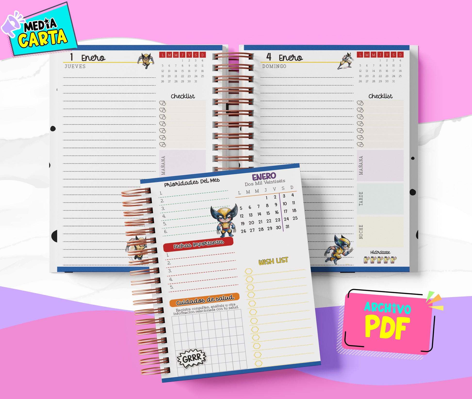 Agenda Diaria 2026 de Wolverine (PDF no editable) – Día por Página – Media Carta 14×21.5 cm – Español
